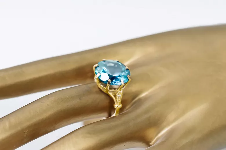 14K Жовте золото Аквамарин Каблучка Вінтаж стиль vrc073y